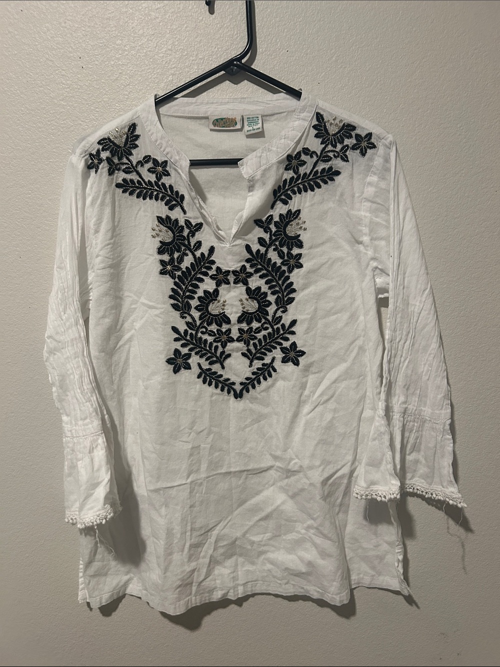 White Tunic Top with Black Floral Embroidery